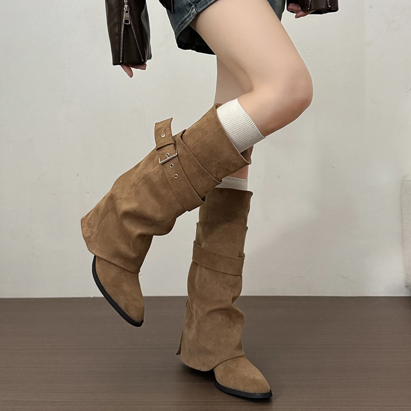 New Women Wrinkle Fold Knee High Boots Metal Buckle Strap Thick Heel Soft PU Leather Boots Autumn Streetwear Mordern Booties