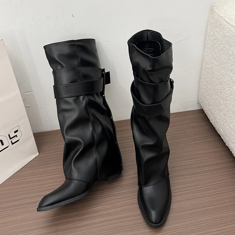 New Women Wrinkle Fold Knee High Boots Metal Buckle Strap Thick Heel Soft PU Leather Boots Autumn Streetwear Mordern Booties