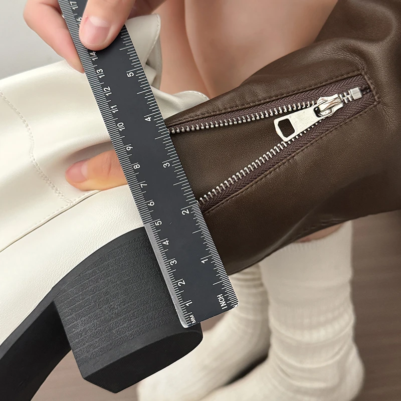 New Women Wrinkle Fold Knee High Boots Metal Buckle Strap Thick Heel Soft PU Leather Boots Autumn Streetwear Mordern Booties