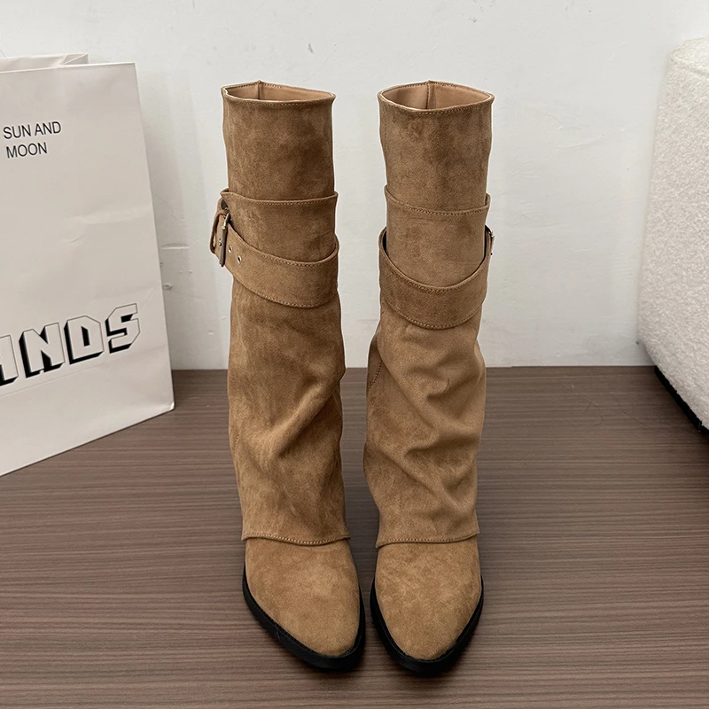 New Women Wrinkle Fold Knee High Boots Metal Buckle Strap Thick Heel Soft PU Leather Boots Autumn Streetwear Mordern Booties