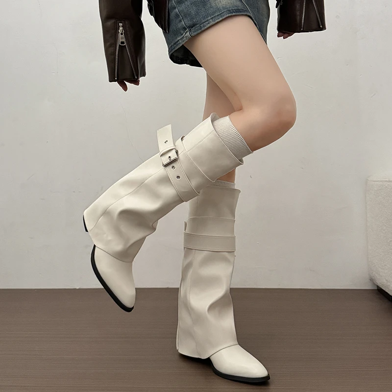 New Women Wrinkle Fold Knee High Boots Metal Buckle Strap Thick Heel Soft PU Leather Boots Autumn Streetwear Mordern Booties