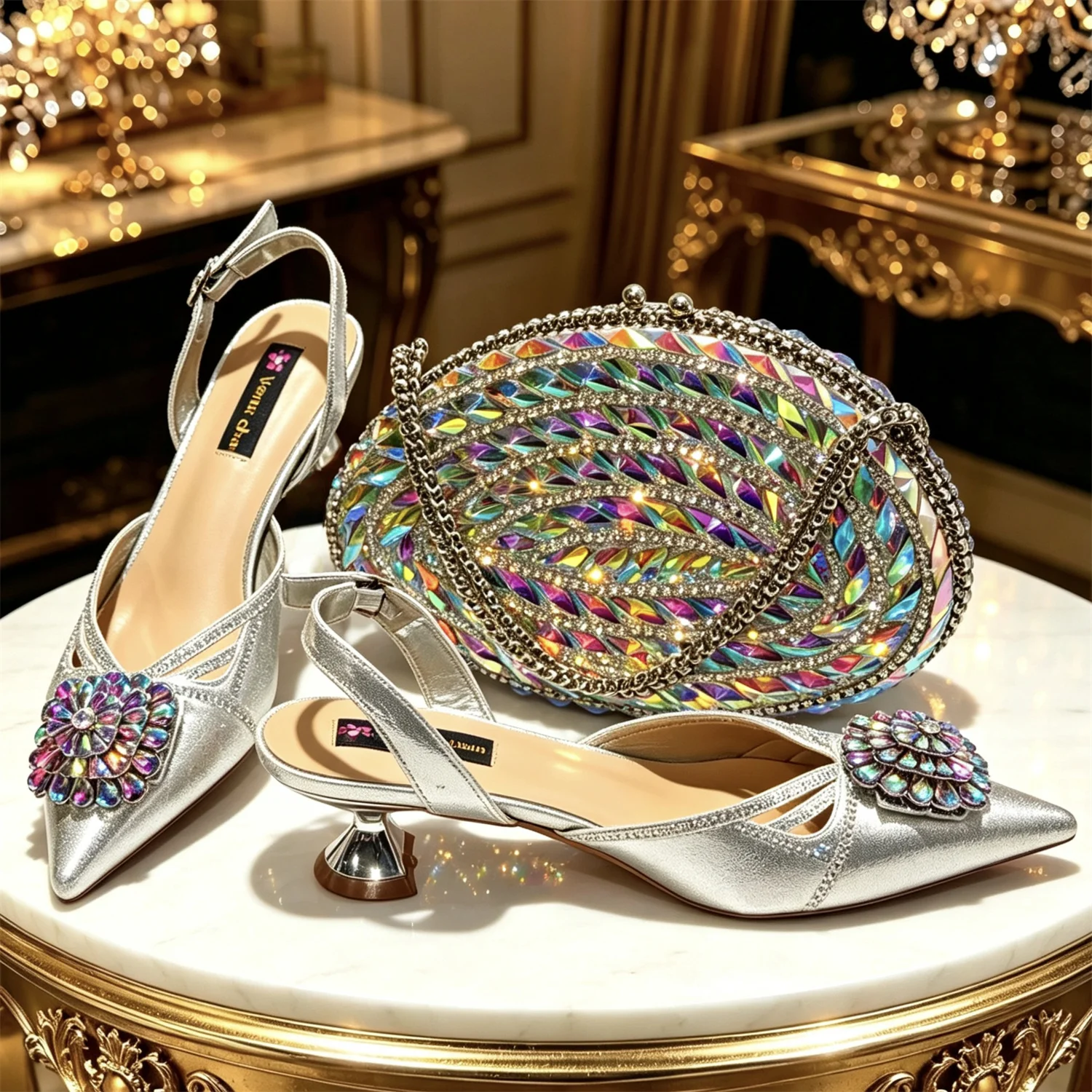 New Italian Pumps & Bag Set 2026 INS Style Pointed Elegant Champagne Color Rhinestone High Heels For Wedding Party Evening Women
