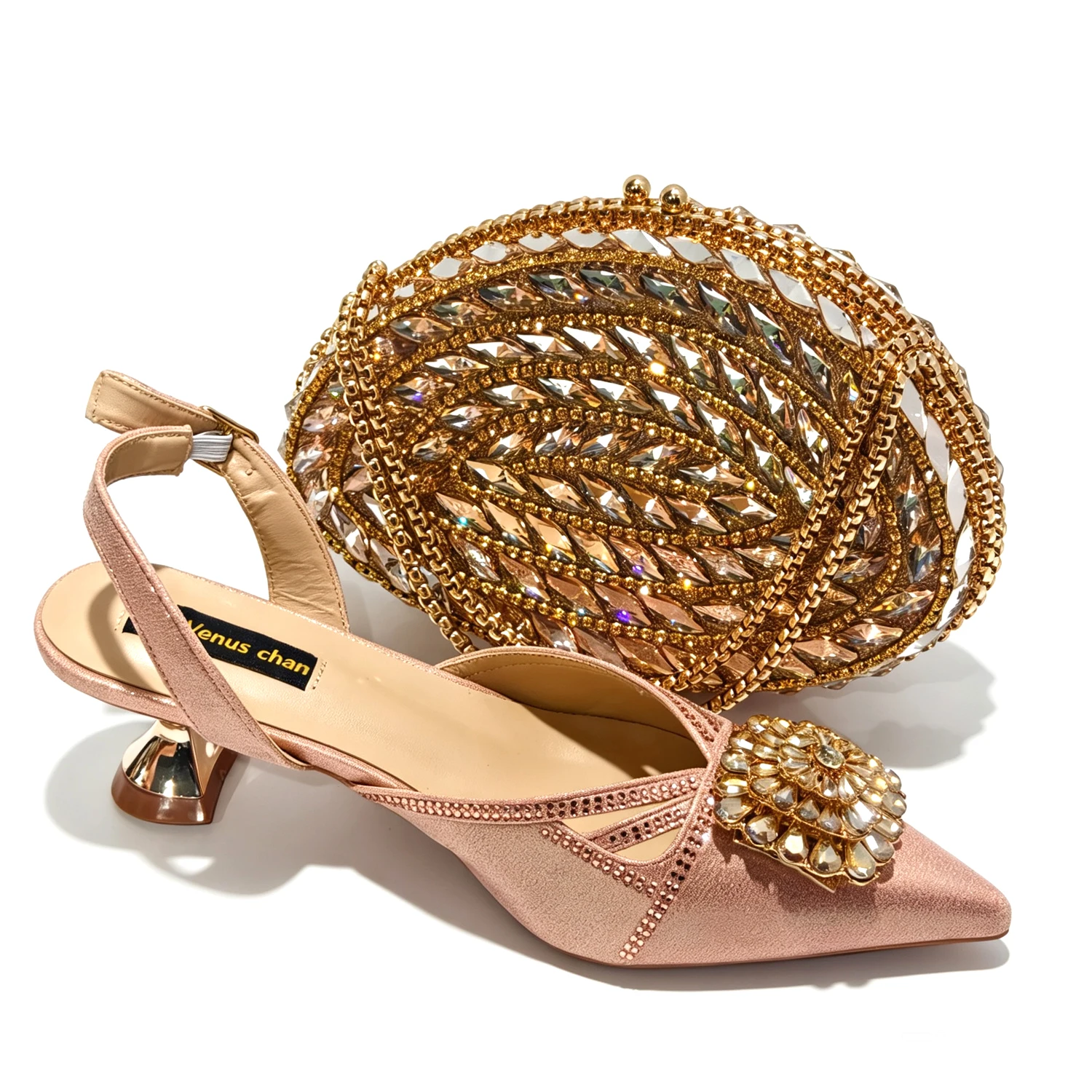 New Italian Pumps & Bag Set 2026 INS Style Pointed Elegant Champagne Color Rhinestone High Heels For Wedding Party Evening Women