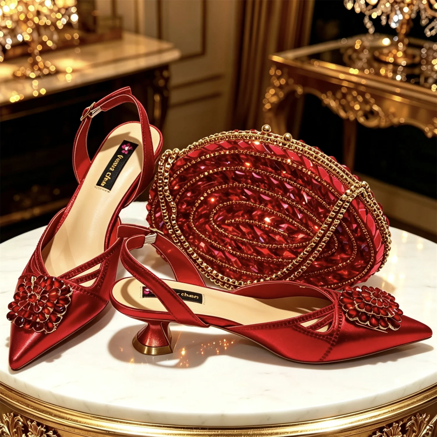 New Italian Pumps & Bag Set 2026 INS Style Pointed Elegant Champagne Color Rhinestone High Heels For Wedding Party Evening Women