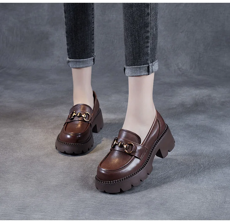 Platform Shoes Spring Summer Genuine Leather Loafers Women's Metal Buckle Single Shoes Elevated Thick Sole Small Leather Shoes