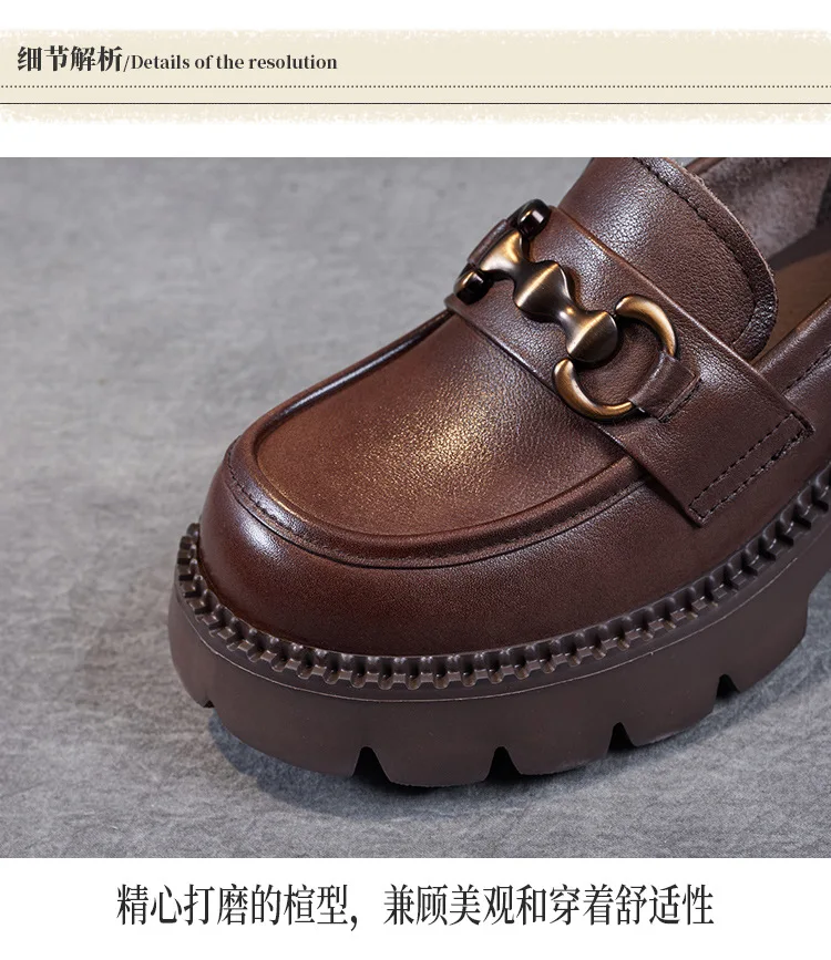 Platform Shoes Spring Summer Genuine Leather Loafers Women's Metal Buckle Single Shoes Elevated Thick Sole Small Leather Shoes
