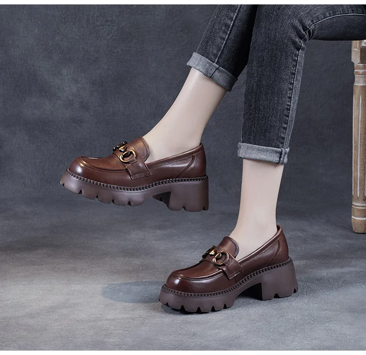 Platform Shoes Spring Summer Genuine Leather Loafers Women's Metal Buckle Single Shoes Elevated Thick Sole Small Leather Shoes