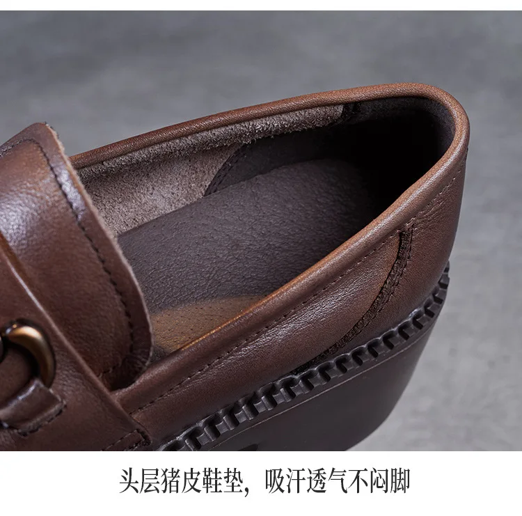 Platform Shoes Spring Summer Genuine Leather Loafers Women's Metal Buckle Single Shoes Elevated Thick Sole Small Leather Shoes
