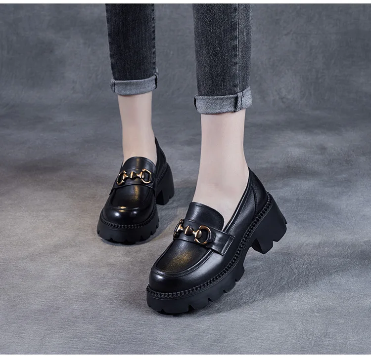 Platform Shoes Spring Summer Genuine Leather Loafers Women's Metal Buckle Single Shoes Elevated Thick Sole Small Leather Shoes