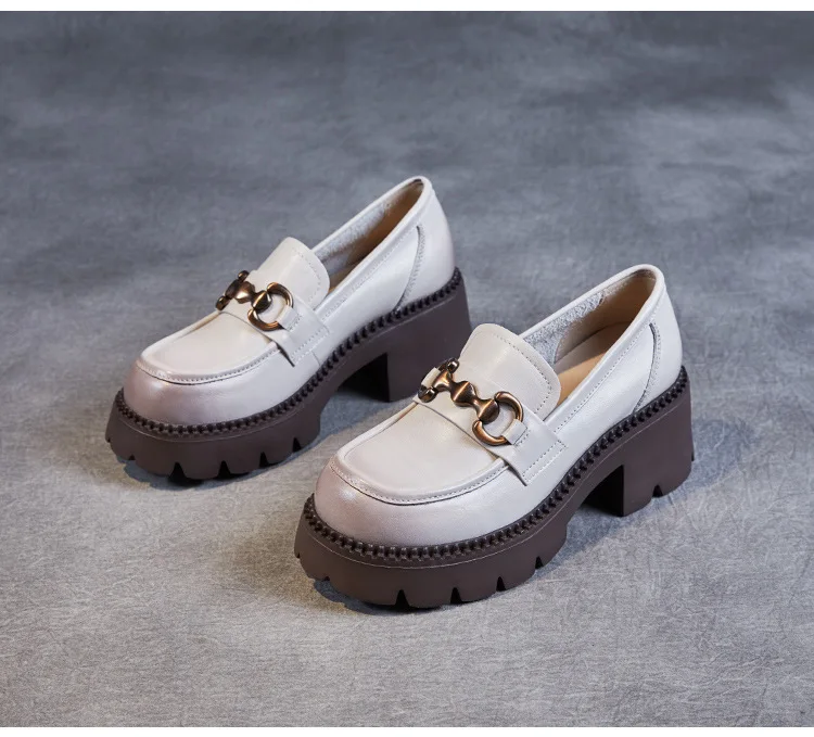 Platform Shoes Spring Summer Genuine Leather Loafers Women's Metal Buckle Single Shoes Elevated Thick Sole Small Leather Shoes