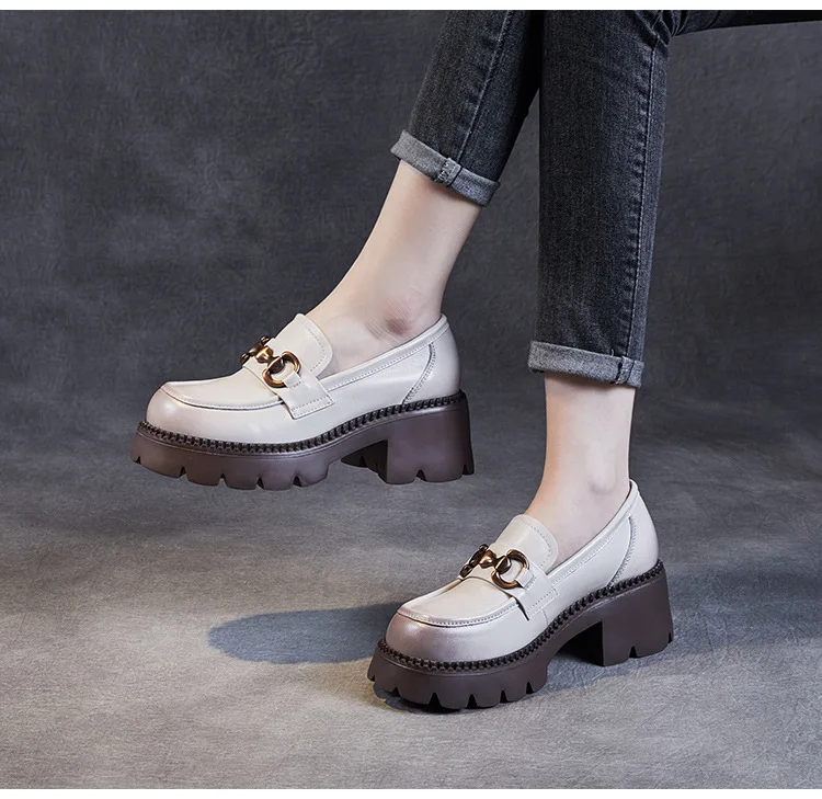 Platform Shoes Spring Summer Genuine Leather Loafers Women's Metal Buckle Single Shoes Elevated Thick Sole Small Leather Shoes