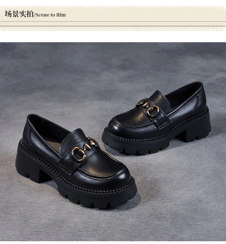 Platform Shoes Spring Summer Genuine Leather Loafers Women's Metal Buckle Single Shoes Elevated Thick Sole Small Leather Shoes