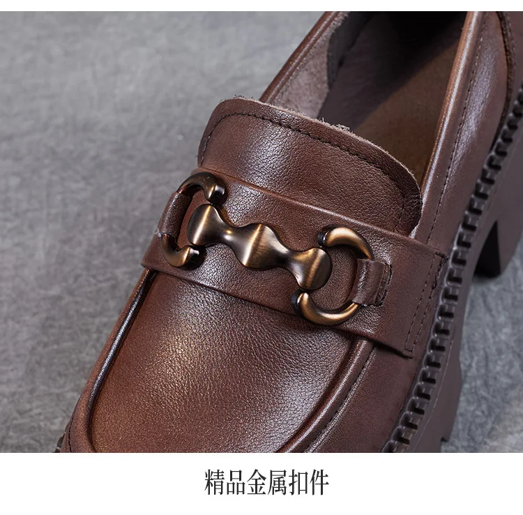 Platform Shoes Spring Summer Genuine Leather Loafers Women's Metal Buckle Single Shoes Elevated Thick Sole Small Leather Shoes