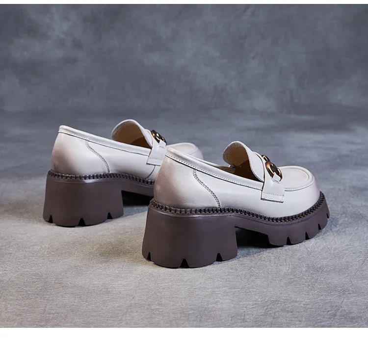 Platform Shoes Spring Summer Genuine Leather Loafers Women's Metal Buckle Single Shoes Elevated Thick Sole Small Leather Shoes