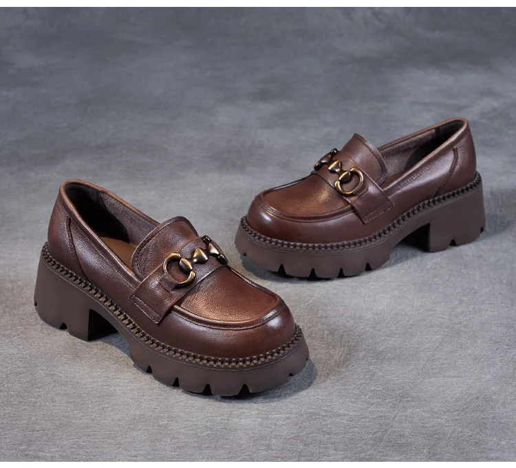 Platform Shoes Spring Summer Genuine Leather Loafers Women's Metal Buckle Single Shoes Elevated Thick Sole Small Leather Shoes