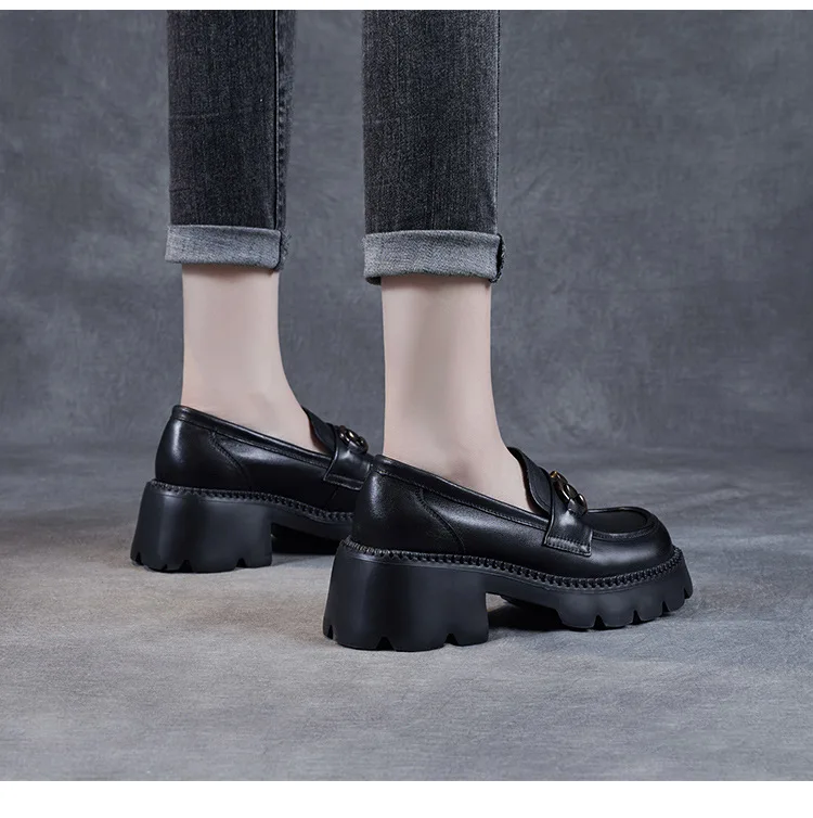 Platform Shoes Spring Summer Genuine Leather Loafers Women's Metal Buckle Single Shoes Elevated Thick Sole Small Leather Shoes