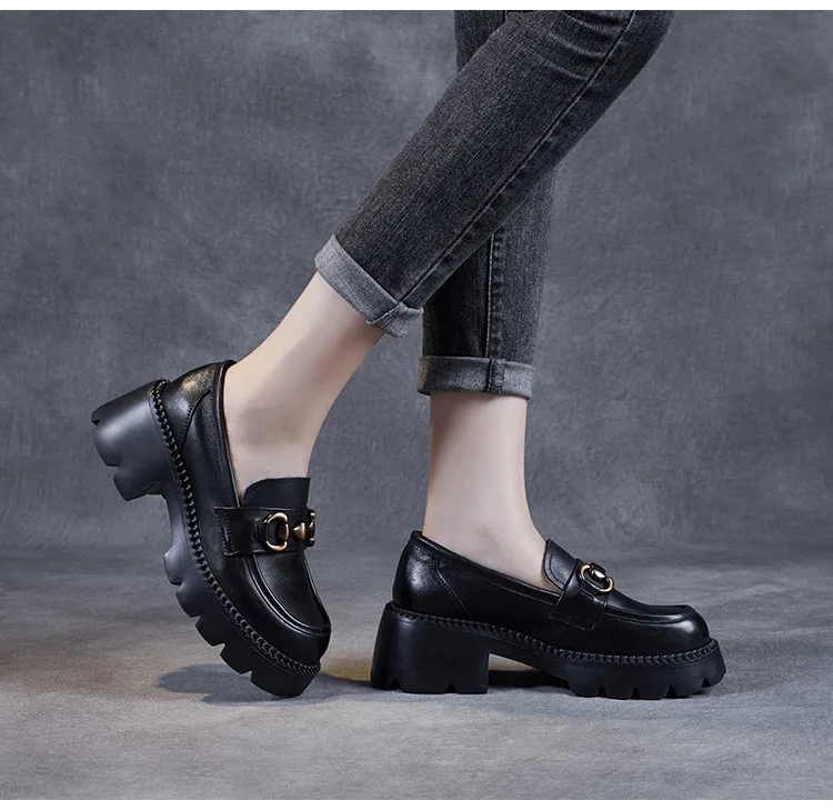 Platform Shoes Spring Summer Genuine Leather Loafers Women's Metal Buckle Single Shoes Elevated Thick Sole Small Leather Shoes