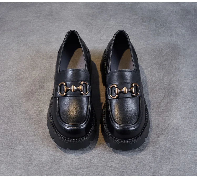 Platform Shoes Spring Summer Genuine Leather Loafers Women's Metal Buckle Single Shoes Elevated Thick Sole Small Leather Shoes
