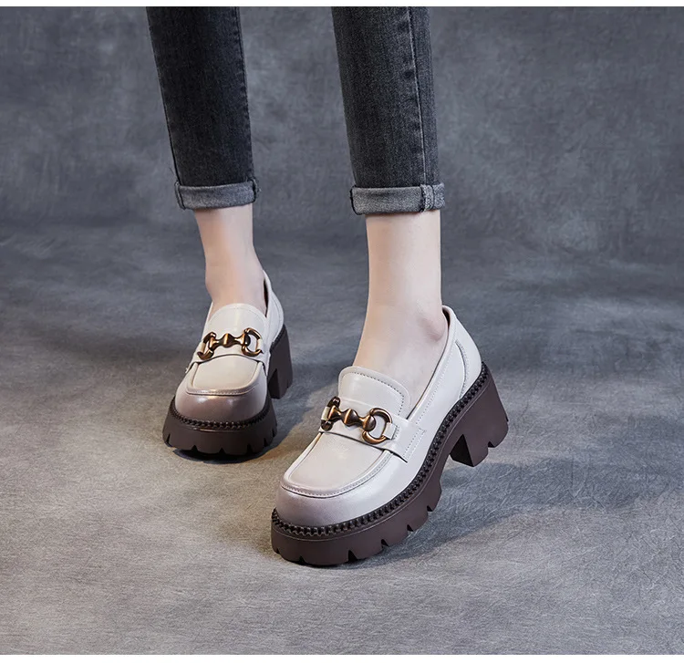 Platform Shoes Spring Summer Genuine Leather Loafers Women's Metal Buckle Single Shoes Elevated Thick Sole Small Leather Shoes