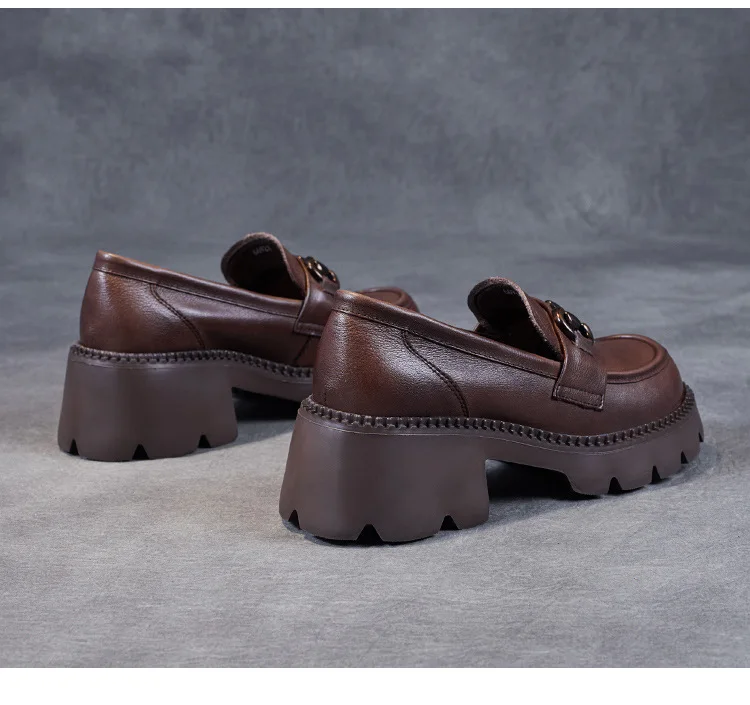 Platform Shoes Spring Summer Genuine Leather Loafers Women's Metal Buckle Single Shoes Elevated Thick Sole Small Leather Shoes