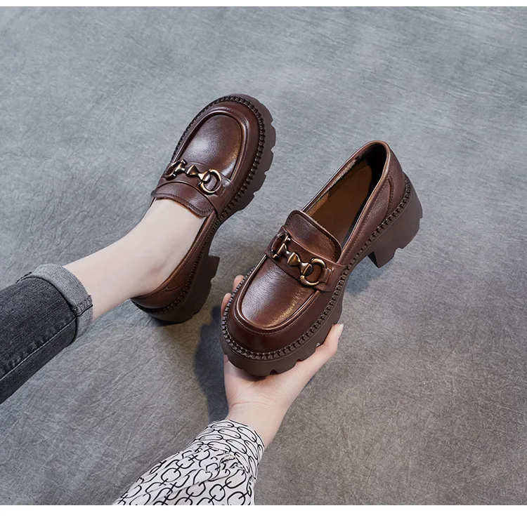 Platform Shoes Spring Summer Genuine Leather Loafers Women's Metal Buckle Single Shoes Elevated Thick Sole Small Leather Shoes