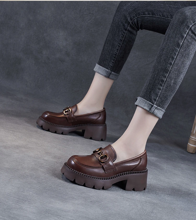 Platform Shoes Spring Summer Genuine Leather Loafers Women's Metal Buckle Single Shoes Elevated Thick Sole Small Leather Shoes