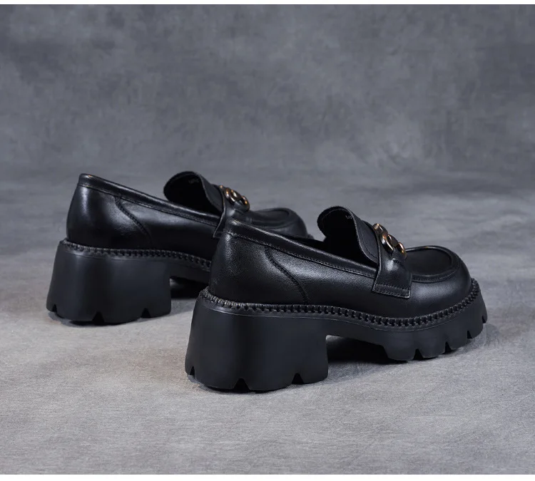 Platform Shoes Spring Summer Genuine Leather Loafers Women's Metal Buckle Single Shoes Elevated Thick Sole Small Leather Shoes