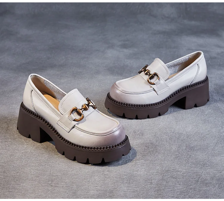 Platform Shoes Spring Summer Genuine Leather Loafers Women's Metal Buckle Single Shoes Elevated Thick Sole Small Leather Shoes
