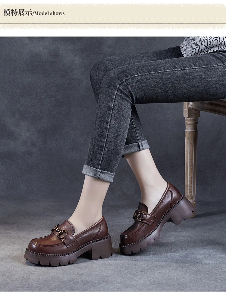 Platform Shoes Spring Summer Genuine Leather Loafers Women's Metal Buckle Single Shoes Elevated Thick Sole Small Leather Shoes