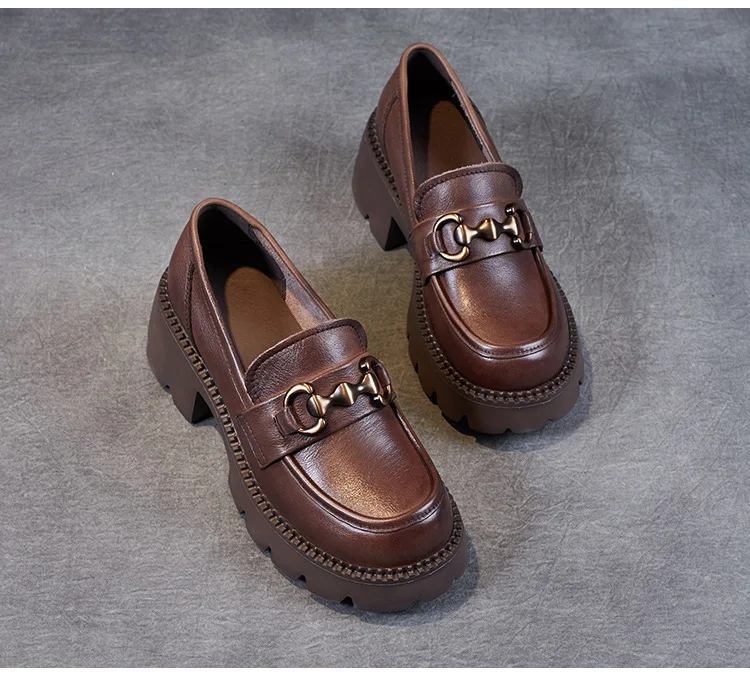 Platform Shoes Spring Summer Genuine Leather Loafers Women's Metal Buckle Single Shoes Elevated Thick Sole Small Leather Shoes