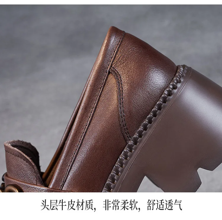 Platform Shoes Spring Summer Genuine Leather Loafers Women's Metal Buckle Single Shoes Elevated Thick Sole Small Leather Shoes