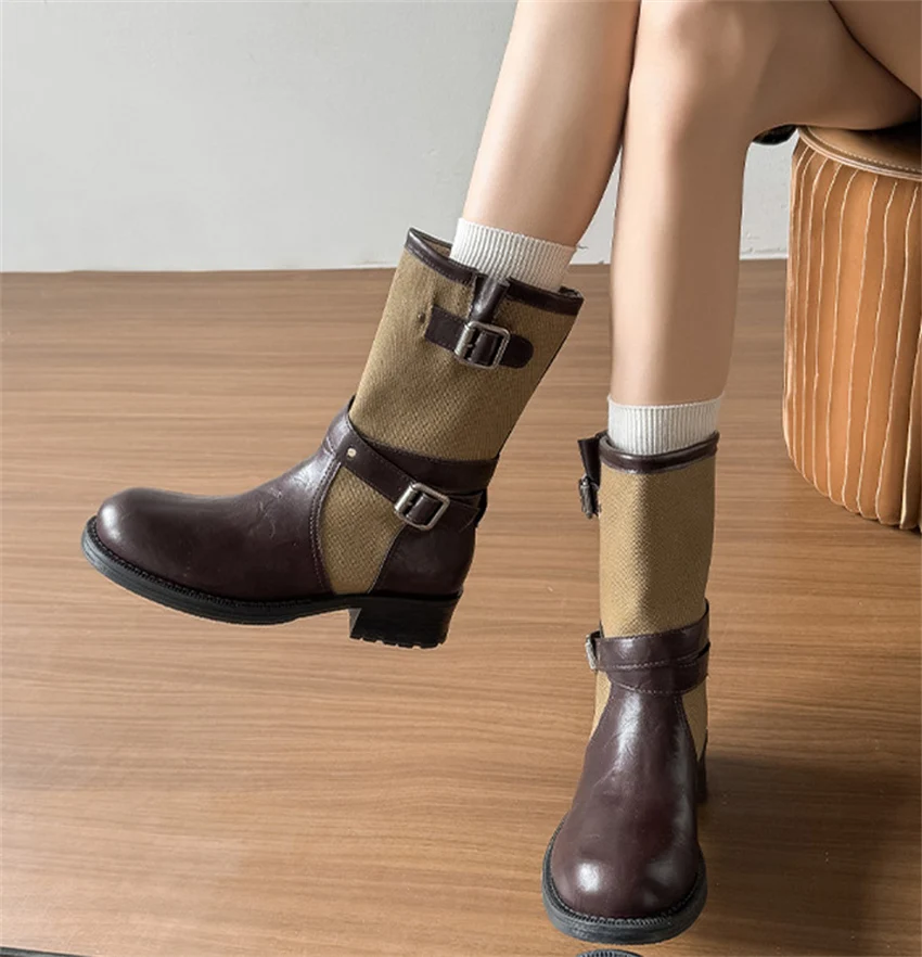 Retro PU Splicing Cowboy Mid-Calf Boots Women Folding Double Wear Wide Barrel Short Boots Thick Heel Square Head Knight Boots