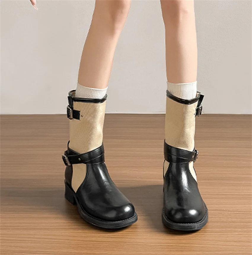 Retro PU Splicing Cowboy Mid-Calf Boots Women Folding Double Wear Wide Barrel Short Boots Thick Heel Square Head Knight Boots