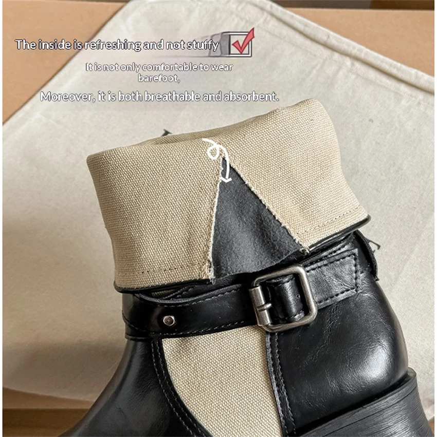 Retro PU Splicing Cowboy Mid-Calf Boots Women Folding Double Wear Wide Barrel Short Boots Thick Heel Square Head Knight Boots