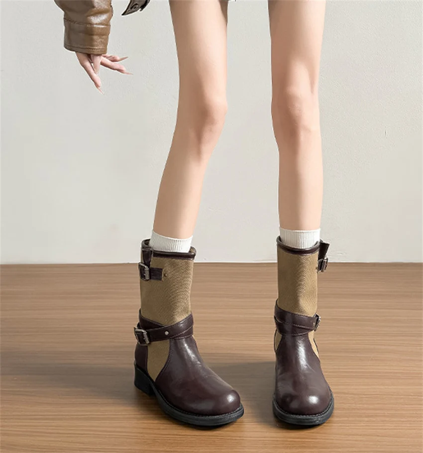 Retro PU Splicing Cowboy Mid-Calf Boots Women Folding Double Wear Wide Barrel Short Boots Thick Heel Square Head Knight Boots