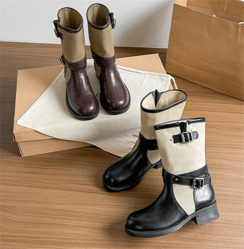Retro PU Splicing Cowboy Mid-Calf Boots Women Folding Double Wear Wide Barrel Short Boots Thick Heel Square Head Knight Boots