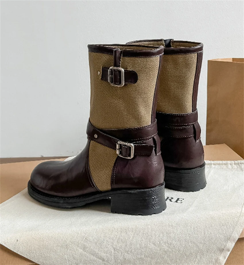 Retro PU Splicing Cowboy Mid-Calf Boots Women Folding Double Wear Wide Barrel Short Boots Thick Heel Square Head Knight Boots