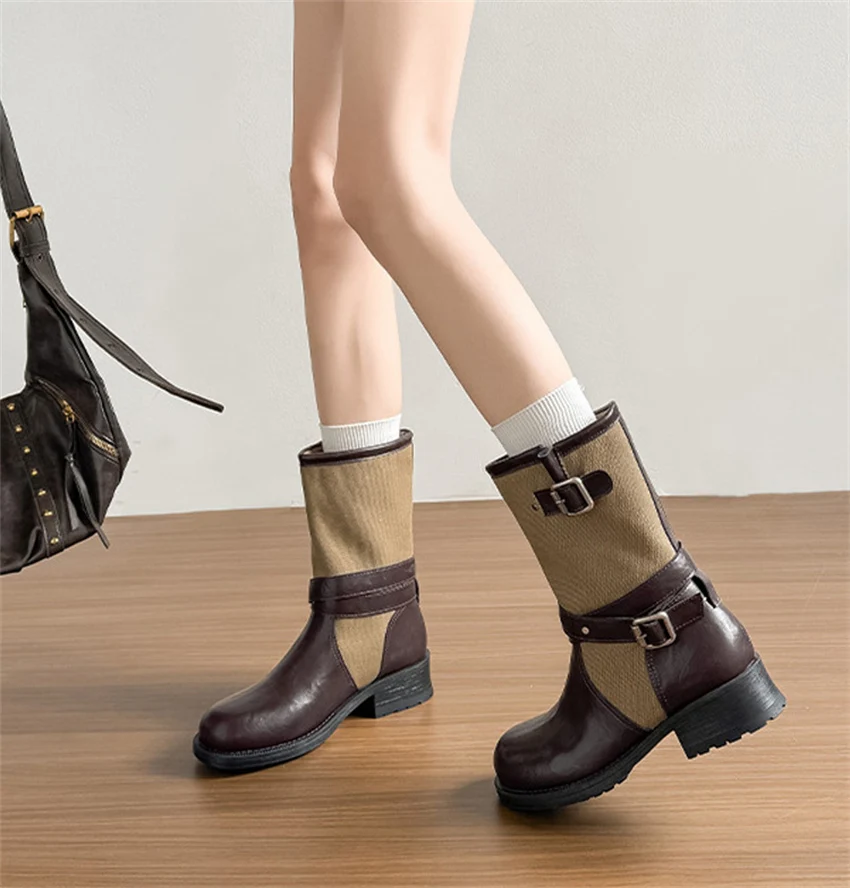 Retro PU Splicing Cowboy Mid-Calf Boots Women Folding Double Wear Wide Barrel Short Boots Thick Heel Square Head Knight Boots