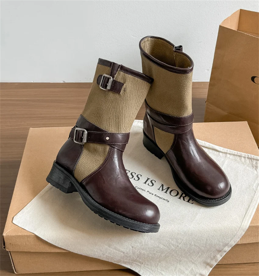 Retro PU Splicing Cowboy Mid-Calf Boots Women Folding Double Wear Wide Barrel Short Boots Thick Heel Square Head Knight Boots
