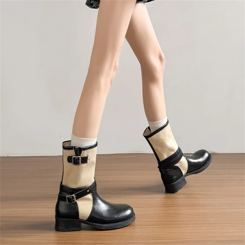 Retro PU Splicing Cowboy Mid-Calf Boots Women Folding Double Wear Wide Barrel Short Boots Thick Heel Square Head Knight Boots
