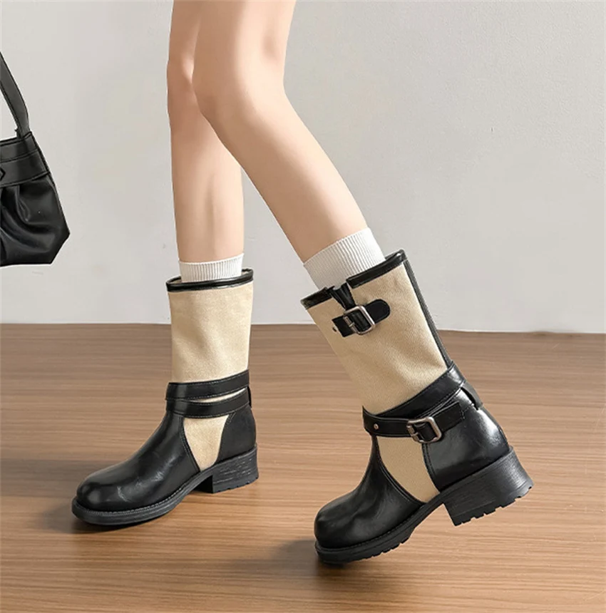 Retro PU Splicing Cowboy Mid-Calf Boots Women Folding Double Wear Wide Barrel Short Boots Thick Heel Square Head Knight Boots