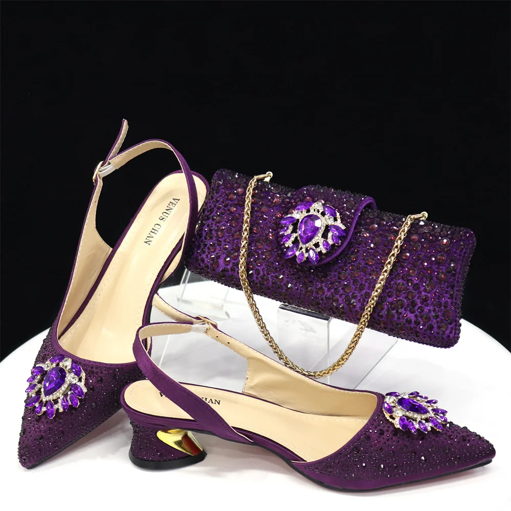 Venus Chan Royal Blue Sandals for Women 2024 Luxury Wedding Pumps Med Heels Rhinestone Design Party Shoes and Bags Set