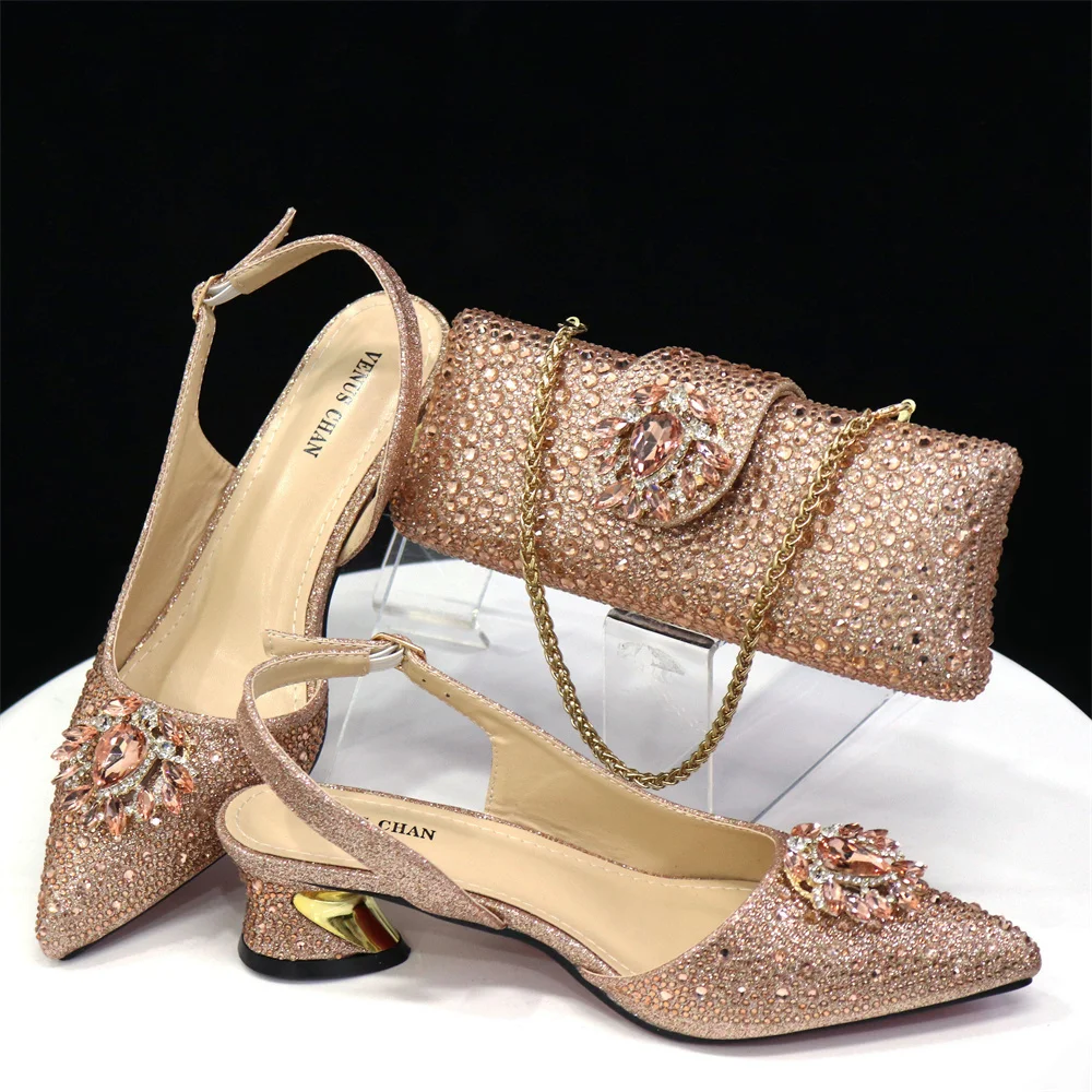 Venus Chan Royal Blue Sandals for Women 2024 Luxury Wedding Pumps Med Heels Rhinestone Design Party Shoes and Bags Set
