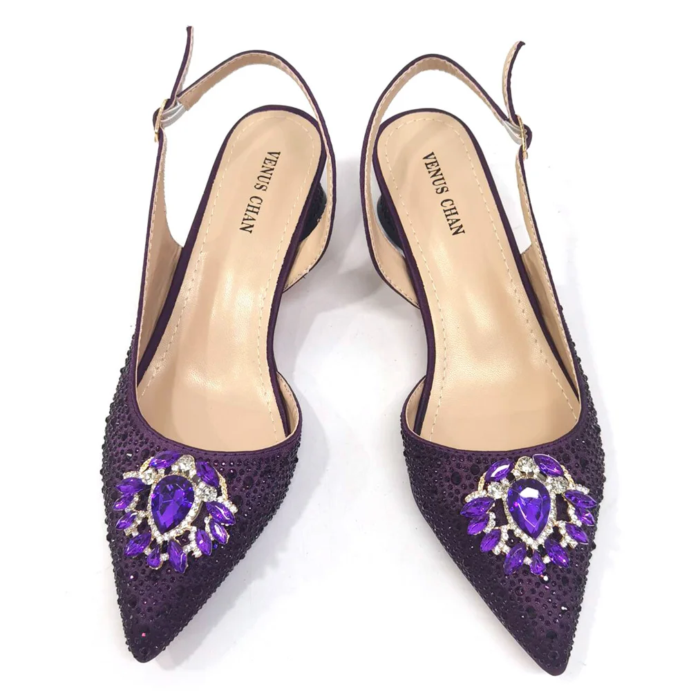 Venus Chan Royal Blue Sandals for Women 2024 Luxury Wedding Pumps Med Heels Rhinestone Design Party Shoes and Bags Set