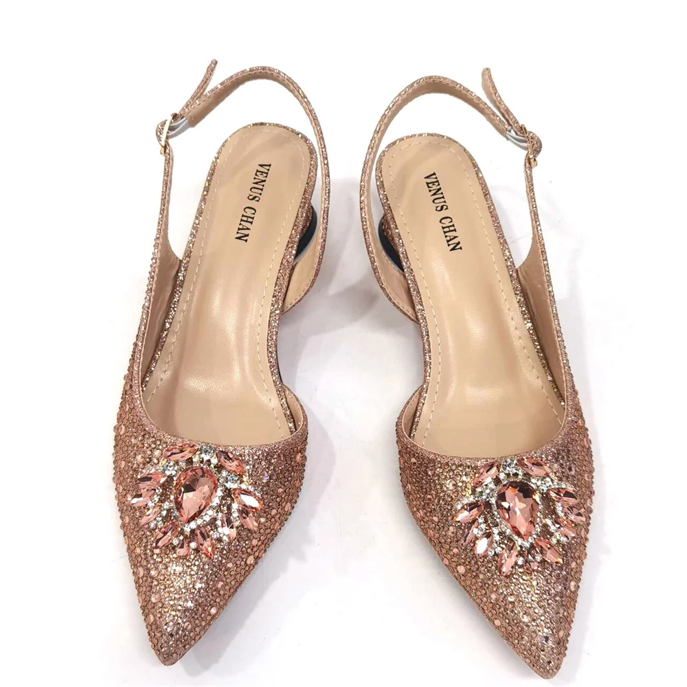 Venus Chan Royal Blue Sandals for Women 2024 Luxury Wedding Pumps Med Heels Rhinestone Design Party Shoes and Bags Set
