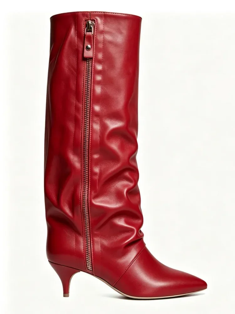 New Autumn and Winter Pointed Low Heel Knee High Women's Boots, Fashionable and Versatile Women's Mid Top Boots