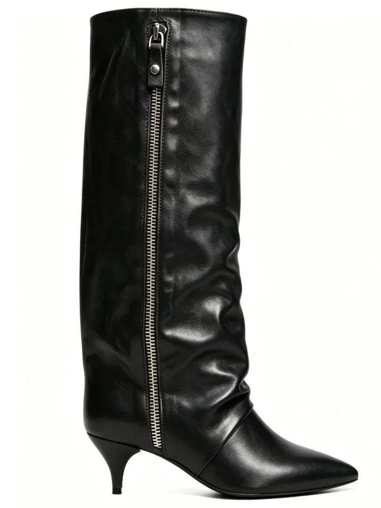 New Autumn and Winter Pointed Low Heel Knee High Women's Boots, Fashionable and Versatile Women's Mid Top Boots