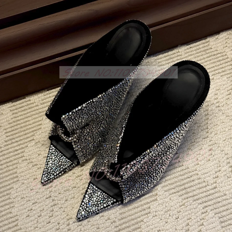 Sparkling Crystals Heeled Mules Women Front Pierced Open Pointed-Toe Mules Feminine Sexy Slip-On High Heels Shoes