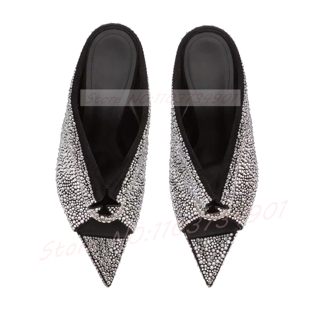 Sparkling Crystals Heeled Mules Women Front Pierced Open Pointed-Toe Mules Feminine Sexy Slip-On High Heels Shoes