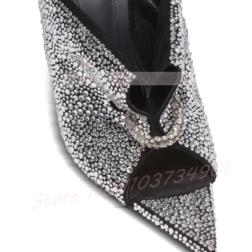 Sparkling Crystals Heeled Mules Women Front Pierced Open Pointed-Toe Mules Feminine Sexy Slip-On High Heels Shoes